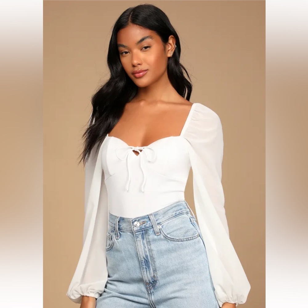 Lulus Never Tied Down White Lace-Up Long
Sleeve Bodysuit Small